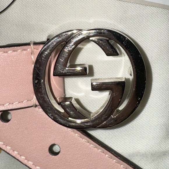 Kids Gucci elastic belt - pink and grey stripes with silver GG buckle, S - Picture 2 of 4